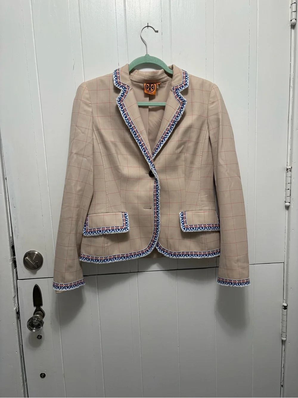 Tory Burch Beige Windowpane Trimmed Blazer Jacket